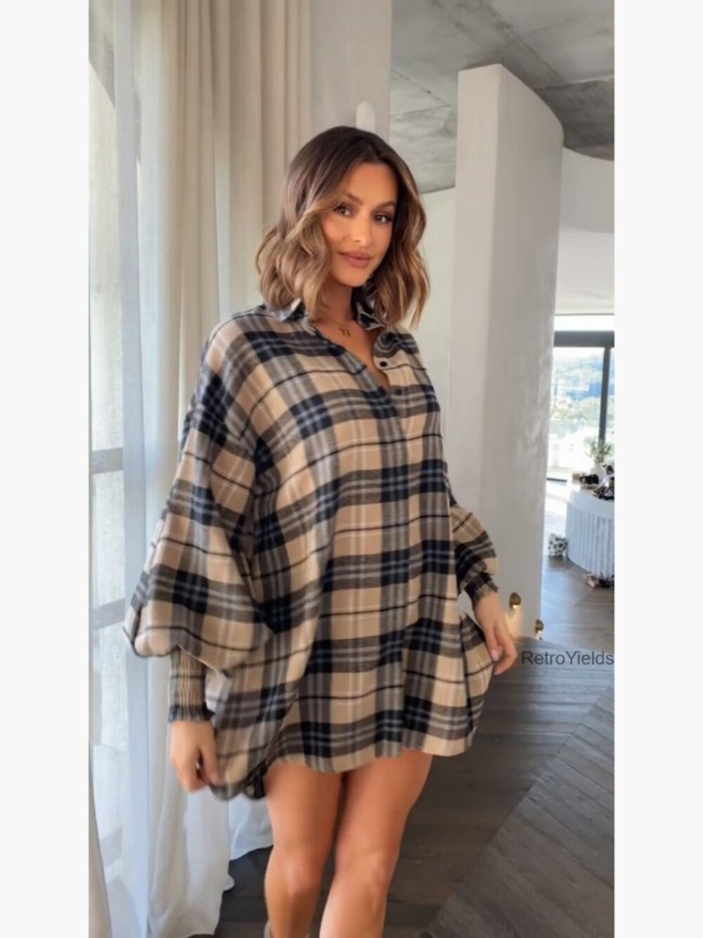 Oversized Long Sleeve Button Down Plaid Shirt Dress Shacket Blouse Top Tunics - Picture 7 of 7